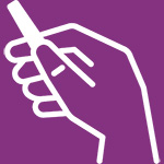 hand holding a pen on purple background for 2 purposes of writing