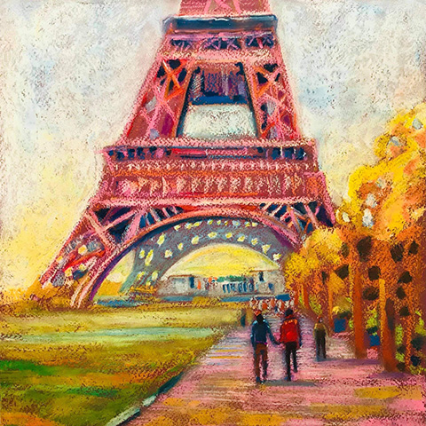 Eiffel Tower in pastel colors with two people walking under it surrounded by trees showcasing the beauty of Paris framed by travel and nine iconic landmarks